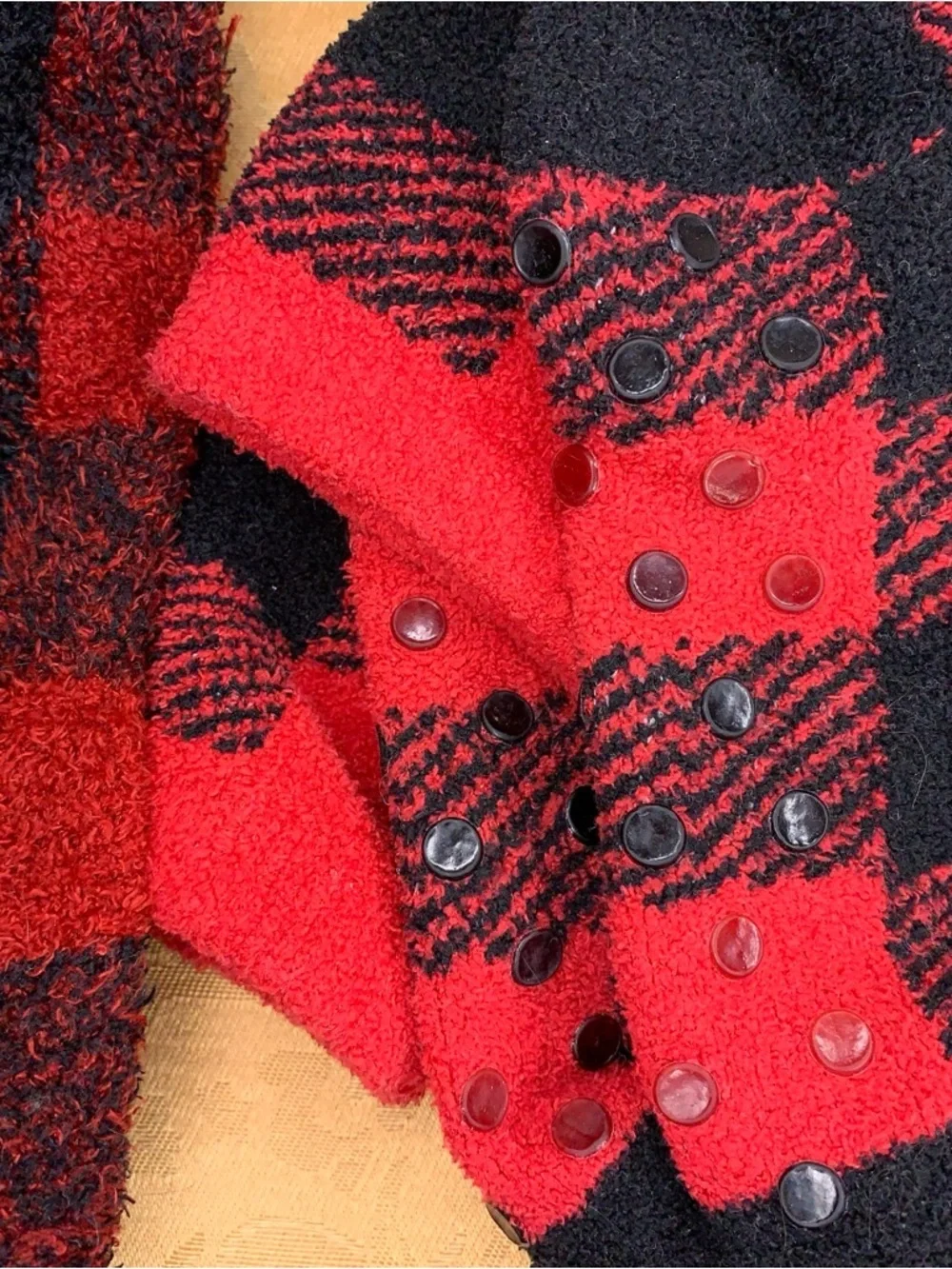 Lot Of 2 Red And Black Plaid Fuzzy Socks Womens Cozy Flannel Print Grips